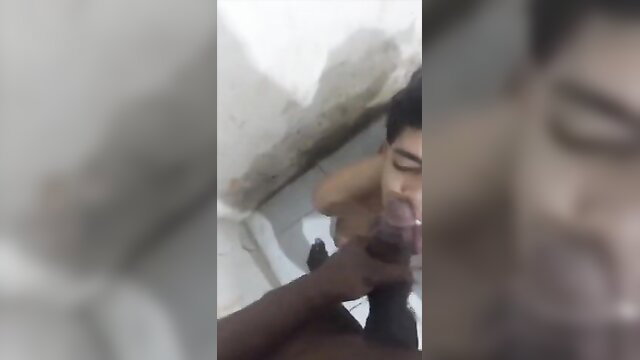 Amateur Brazilian uncle nephew gay blowjob in bathroom closeup