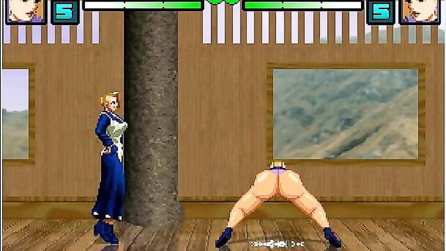 Blonde futa in blue dress bends over showing huge ass in KOF Mugen hentai
