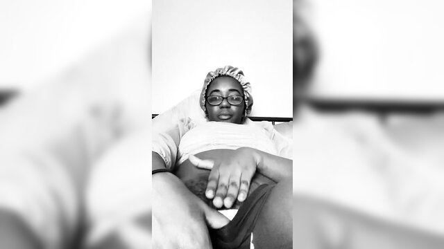 Ebony woman in bonnet smiling POV, hands spreading thighs teasing pussy