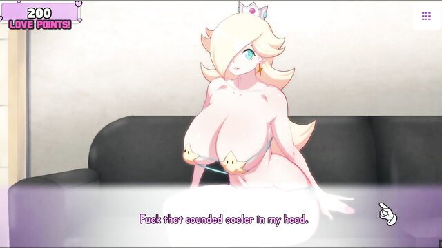Busty blonde MILF Rosalina nude on couch in hentai game, big tits exposed