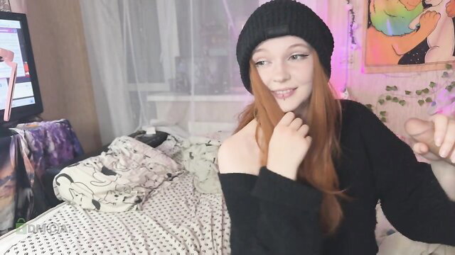 meowpushka redhead in beanie teases blowjob in couple show