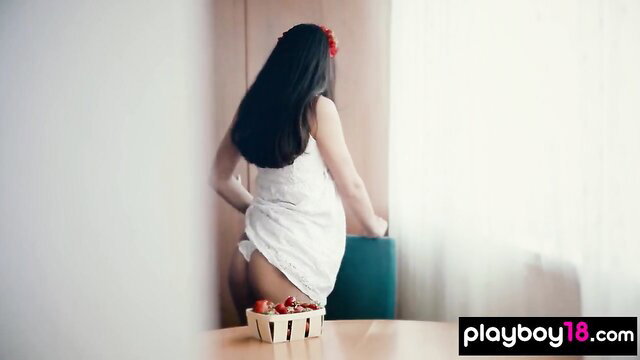 Russian Cira Nerri bends over in white dress showing fresh snatch and strawberries