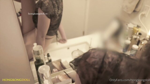 HongKongDoll bathroom mirror tease, nude Asian beauty exposing ass