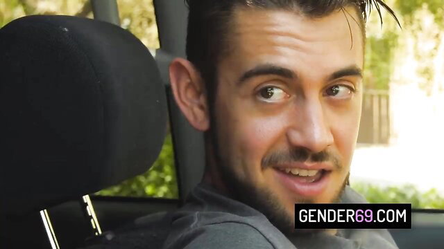 Hot shemale hitchhiker Crystal M in car smiling seductively