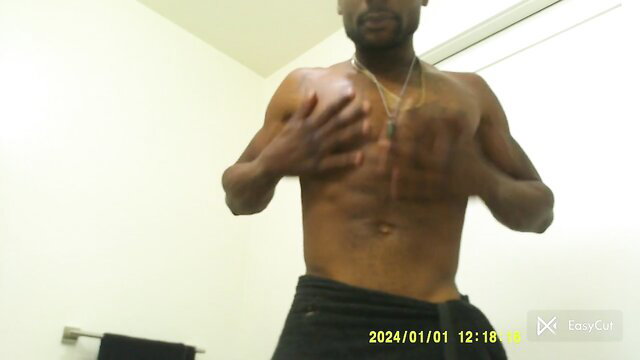 Hot massive uncut BBC teen flexing ripped abs teasing before shower