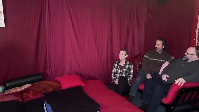 Live improv porn orgy PTA afterparty with petite brunette, two men on cushions