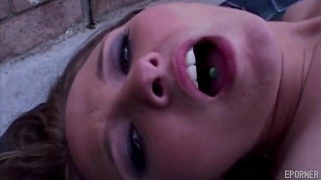 Vintage beauty with open mouth in outdoor sex scene