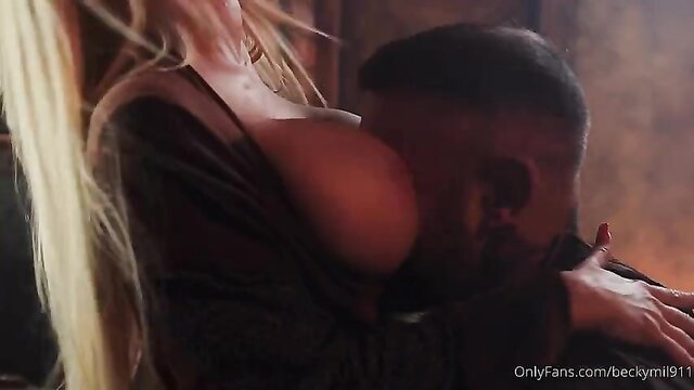 Blonde Rebecca G with huge tits smothering man's face intimately
