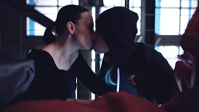Nadine Petry kisses hooded Christina Rieth in hot lesbian nude scene from Faustdick
