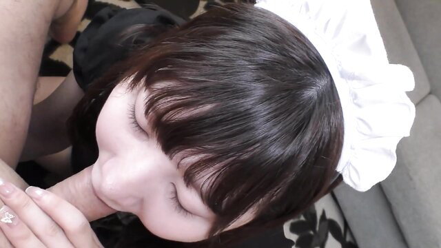 Cute Japanese maid in black dress gives pov blowjob closeup