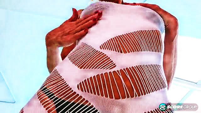 54yo red hot milf in tiny striped bikini, teasing gaping pussy show