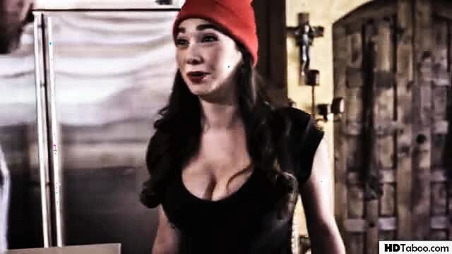 Angela White in red beanie and cleavage top from Step Daddy Stepdaughter Psychologist