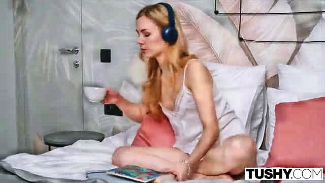 Alecia Fox in sexy lingerie on bed sipping tea Tushy