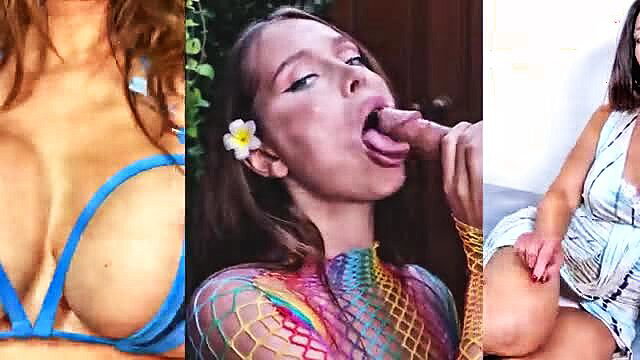 Brunette babe with flower licks cock closeup, busty models in lingerie