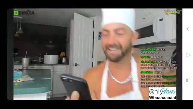 Lacey Whaaaaaaaat in chef hat and apron birthday kitchen tease