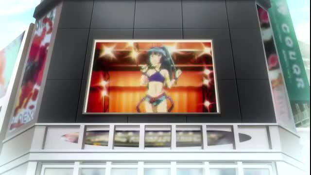 Anime JAV idol in skimpy purple bikini dances on neon billboard
