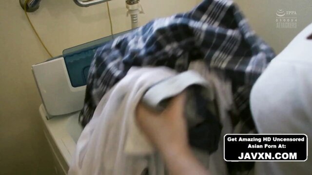 Asian JAV babe washing clothes in bathroom sink, wet shirt tease