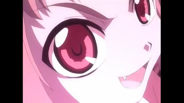 Jiburiru close-up of pink-haired anime girl's ecstatic red eyes and smile