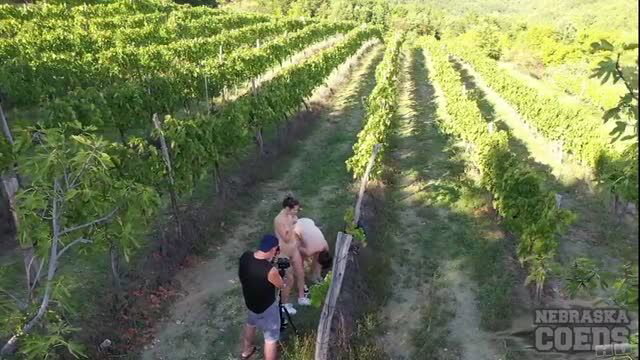 Sofie Marie & Josie Jagger nude in vineyard, exposing shaved pussies outdoors