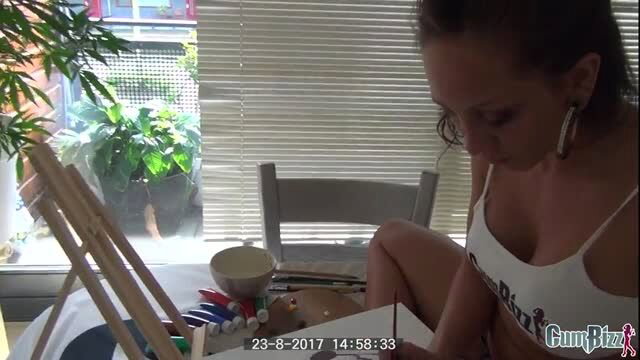 Brunette PAWG MILF Drilled painting topless in studio