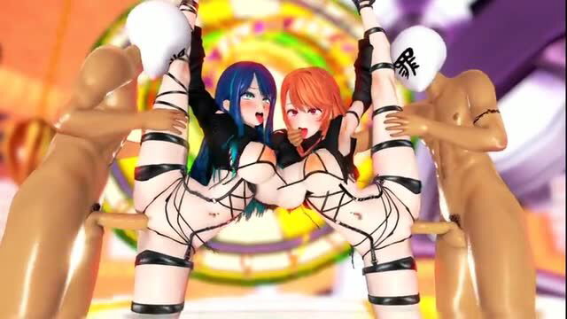 Oshi no Ko Cobracas blue & orange hair girls bound in shibari, leg spread by mannequins