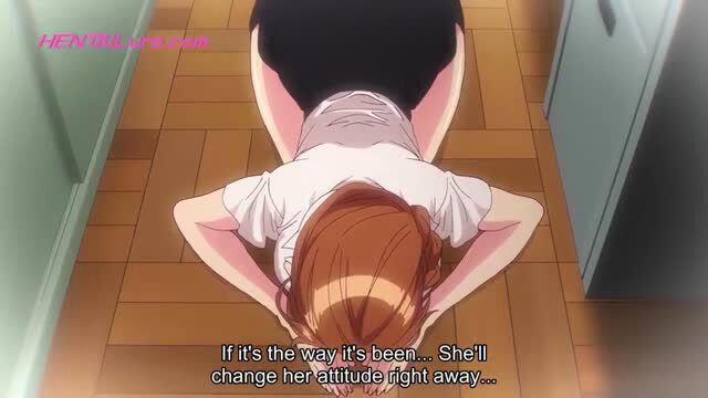 Redhead anime girl in white shirt and black shorts bent over on floor in hentai scene