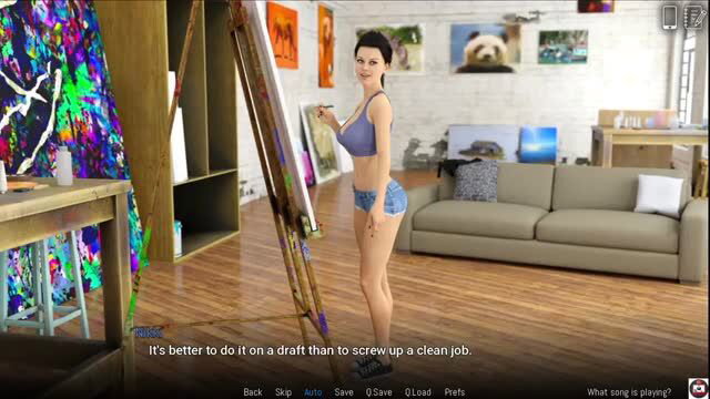 Brunette May painting in tight crop top and daisy dukes in art studio