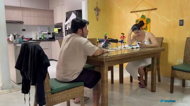 Stepdad and teen Latina daughter at table with cheating wife