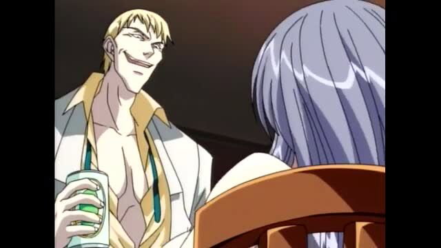 Blonde anime hunk with open shirt flashes abs at silver-haired girl in JAV teacher ep 1