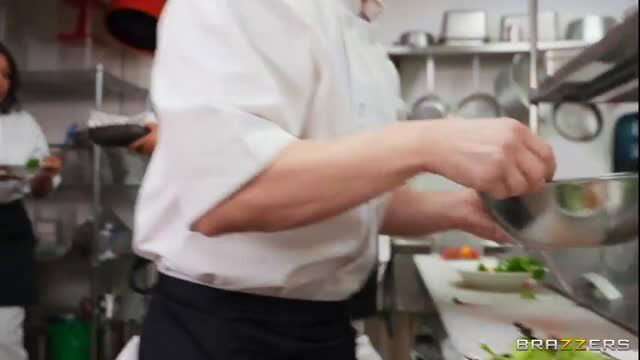 Chef in kitchen uniform getting his cock stroked