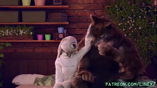 Furry anthro couple intimate pose, white rabbit and brown wolf