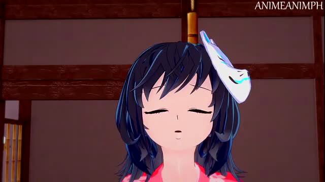 Makomo anime girl in red kimono with mask accessory