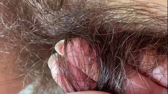 Close-up of a very hairy bush with fingers parting dark pubic hair