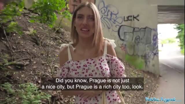 Public Agent blonde babe in floral dress outdoors teasing in Prague