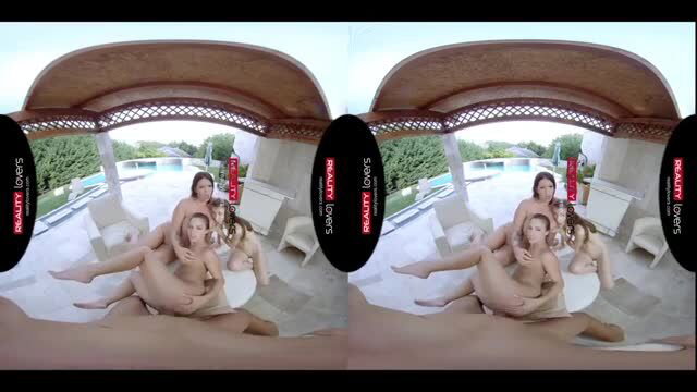 VR POV threesome with tattooed women and chubby man at poolside