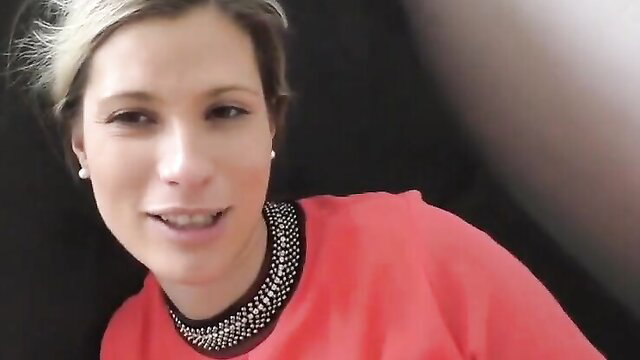 Precious blonde German MILF smiling in sexy red top and pearl necklace