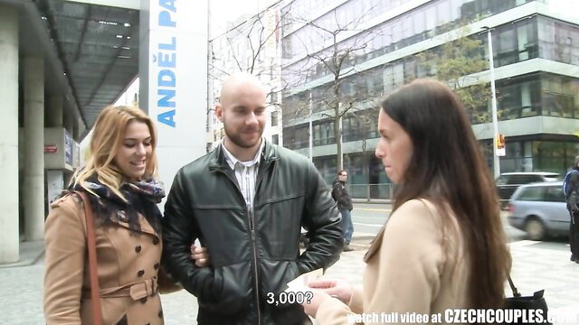 Czech couple swaps partners outdoors, blonde and brunette with bald guy