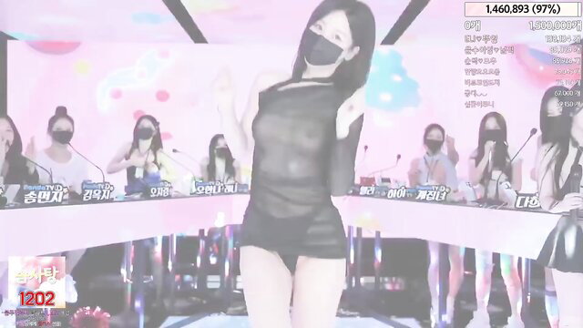 Asian women in sheer lingerie on TV stage show, sexy poses