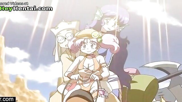 Anime hentai babes in skimpy bikinis riding beast in outdoor fantasy threesome