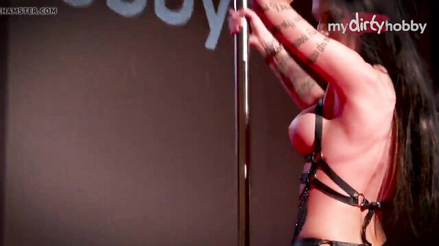 Gloria Gucci as Maja-Bach teases on pole in sexy harness lingerie