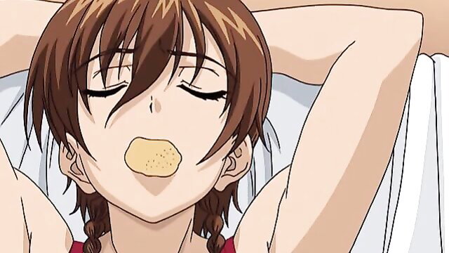 Anime hentai girl with puffy cheeks blowing cheek, brown twintails, lying back aroused