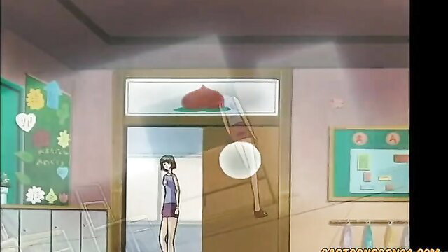 Anime babe in shorts fingered at door, wet pussy tease