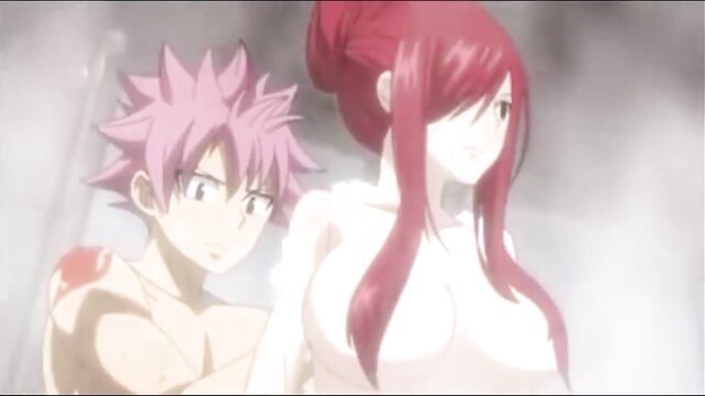Natsu and nude Erza Scarlet hentai couple embrace, big tits exposed