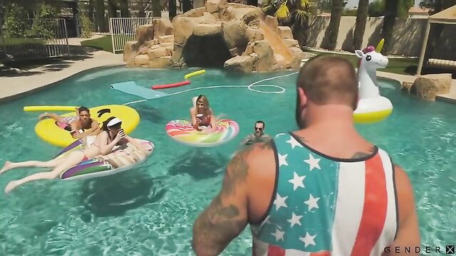 Casey Kisses, Natalie Mars, Janelle Fennec shemale pool orgy with buff guy