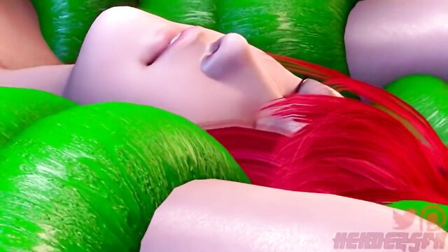 Curvy redhead hentai babe surrounded by huge green tentacles