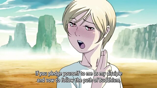 Blonde anime girl in hentai pledges Buddhism path as disciple, seductive eyes