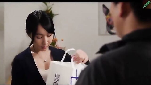 Asian office lady in navy dress holding bag, flirty smile closeup