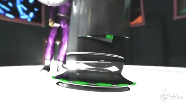Hot babe in shiny purple catsuit banging futuristic robot cock