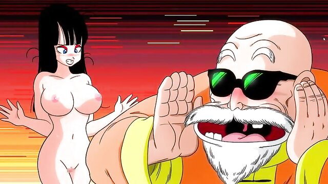 Nude black-haired anime girl with huge tits shocked by Master Roshi's foot in Kame Paradise hentai