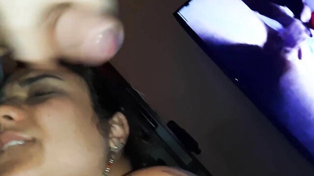 Wife's face cum-covered as husband jerks off on Zoom with ex